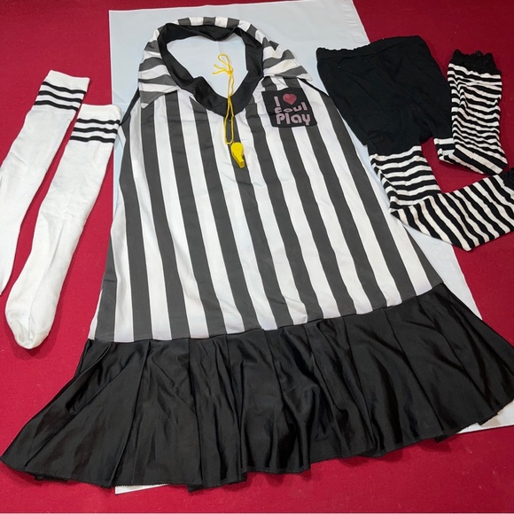 FOUL PLAY Sexy SPORTS REF DRESS REFEREE UMPIRE Black White Socks Tights, Whistle - Picture 3 of 16